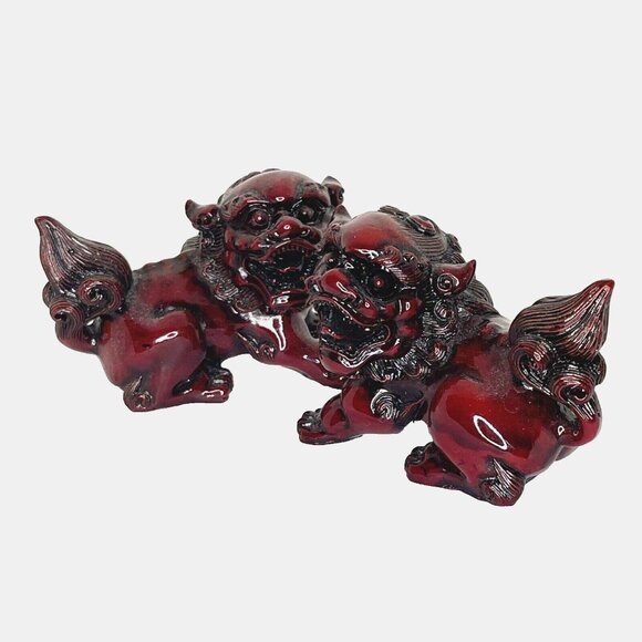 Vintage Foo Dog Pair Red Resin Asian Guardian Lion Figurines 4 in long each - Picture 6 of 16